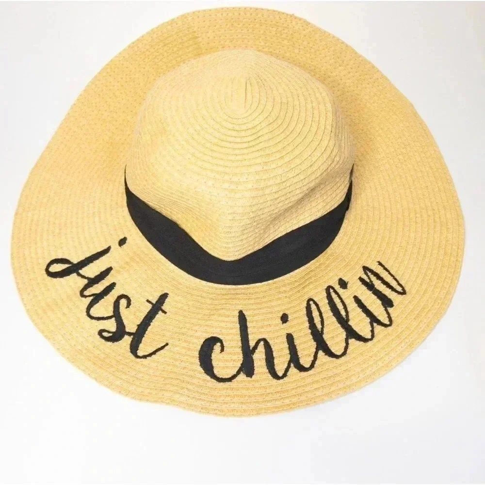 CC Womens Wide Brim Floppy Just Chillin Straw Hat Vacation Vaca Black Tan Embroi